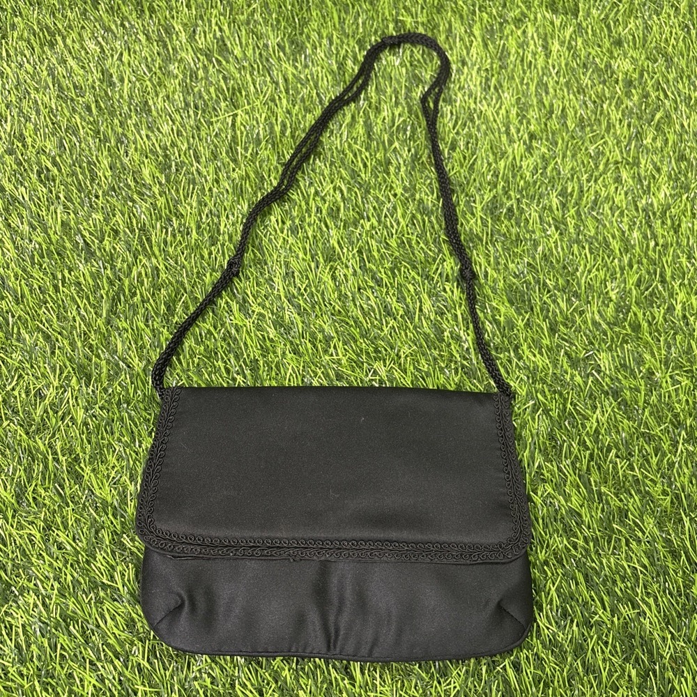 Vintage 1950s Black Satin Evening Bag Made In Macau Formal Clutch Purse